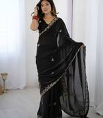 fendy satin black sequance thread codding embroidery work saree