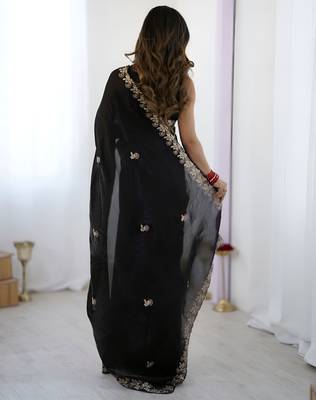 fendy satin black sequance thread codding embroidery work saree 2