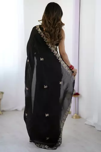fendy satin black sequance thread codding embroidery work saree