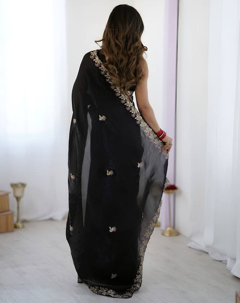 fendy satin black sequance thread codding embroidery work saree