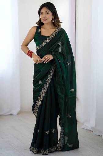 fendy satin green sequance thread codding embroidery work saree