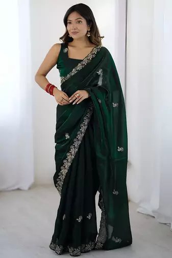 fendy satin green sequance thread codding embroidery work saree