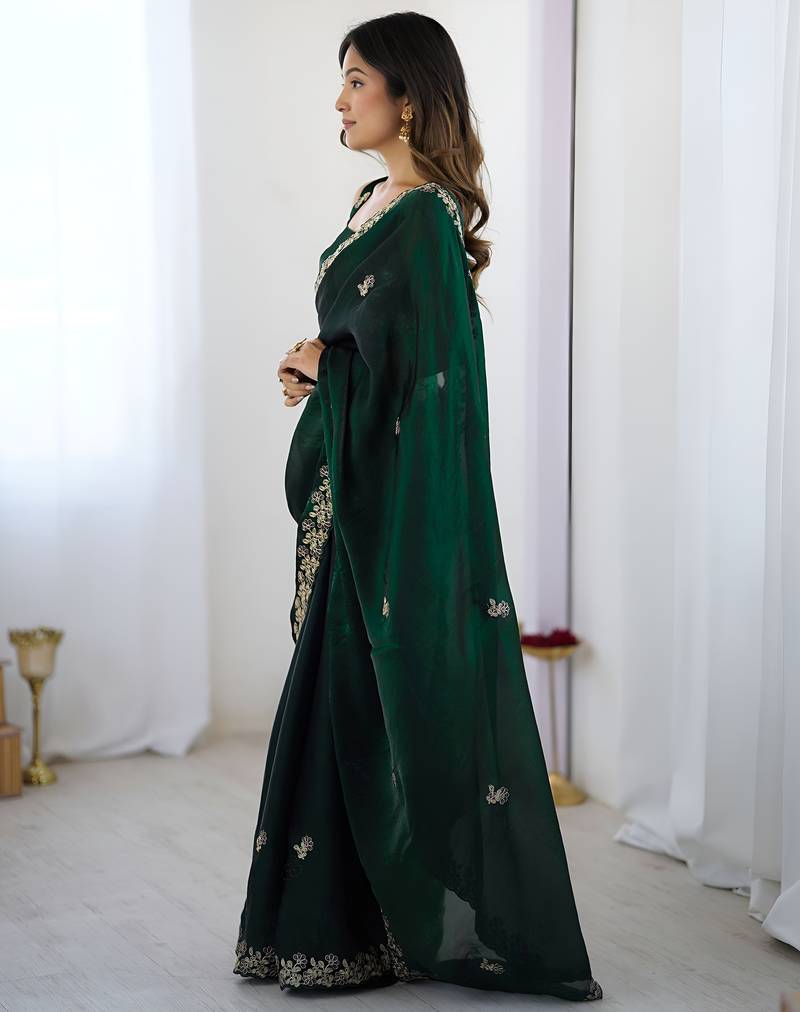 fendy satin green sequance thread codding embroidery work saree