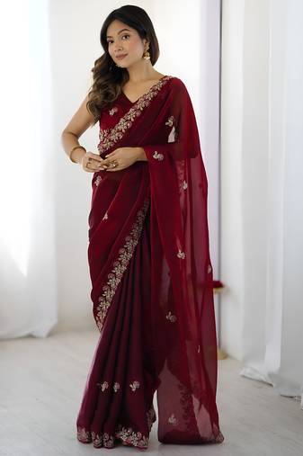 fendy satin maroon sequance thread codding embroidery work saree
