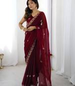 fendy satin maroon sequance thread codding embroidery work saree