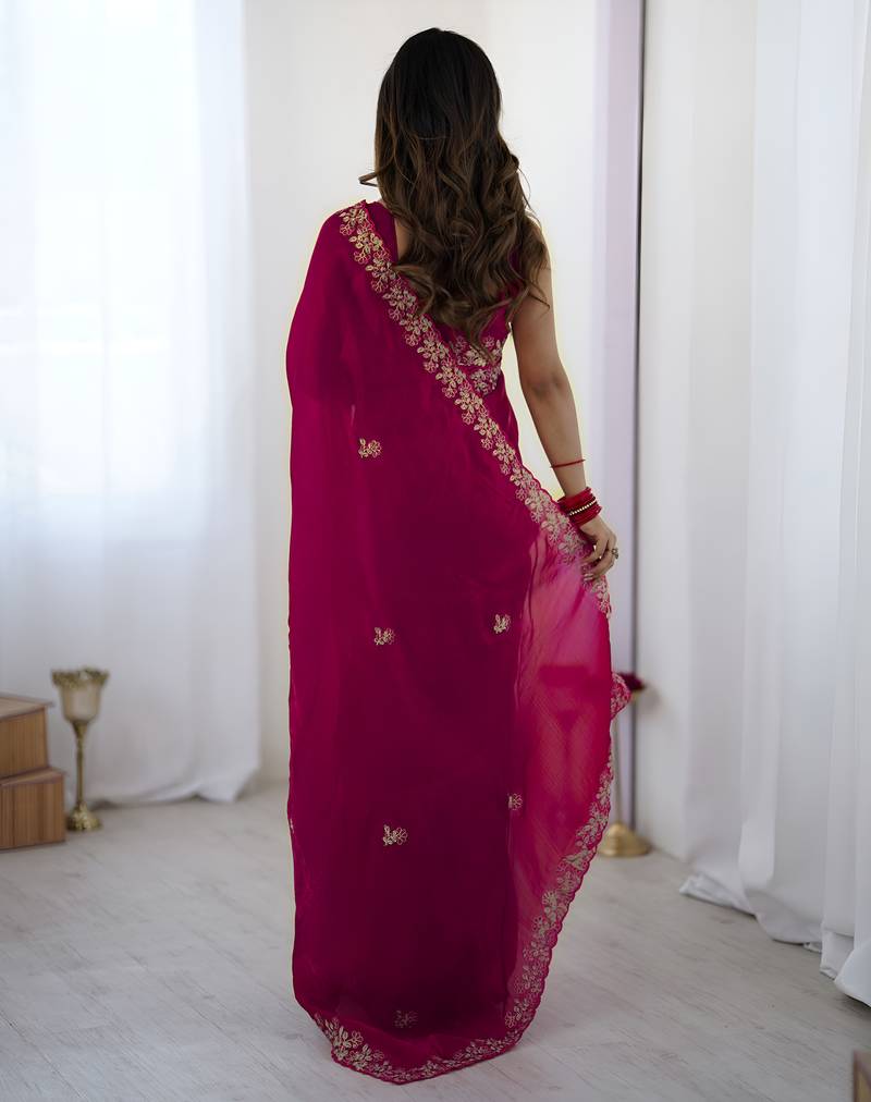 fendy satin pink sequance thread codding embroidery work saree