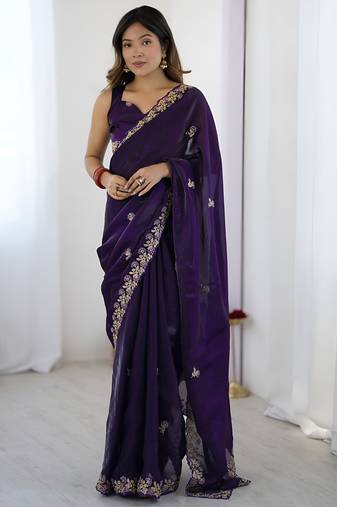 fendy satin purple sequance thread codding embroidery work saree
