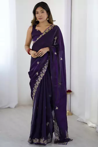 fendy satin purple sequance thread codding embroidery work saree