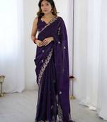 fendy satin purple sequance thread codding embroidery work saree
