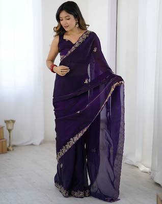 fendy satin purple sequance thread codding embroidery work saree 4