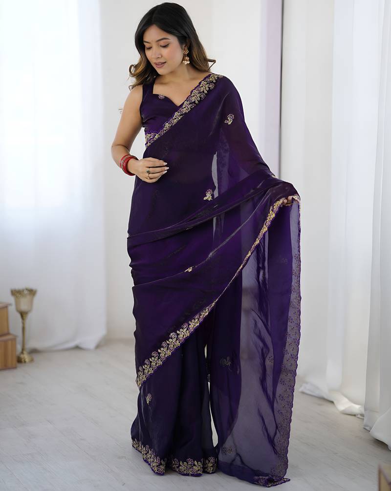 fendy satin purple sequance thread codding embroidery work saree