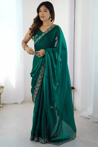 fendy satin rama sequance thread codding embroidery work saree