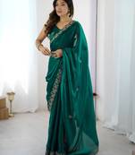fendy satin rama sequance thread codding embroidery work saree