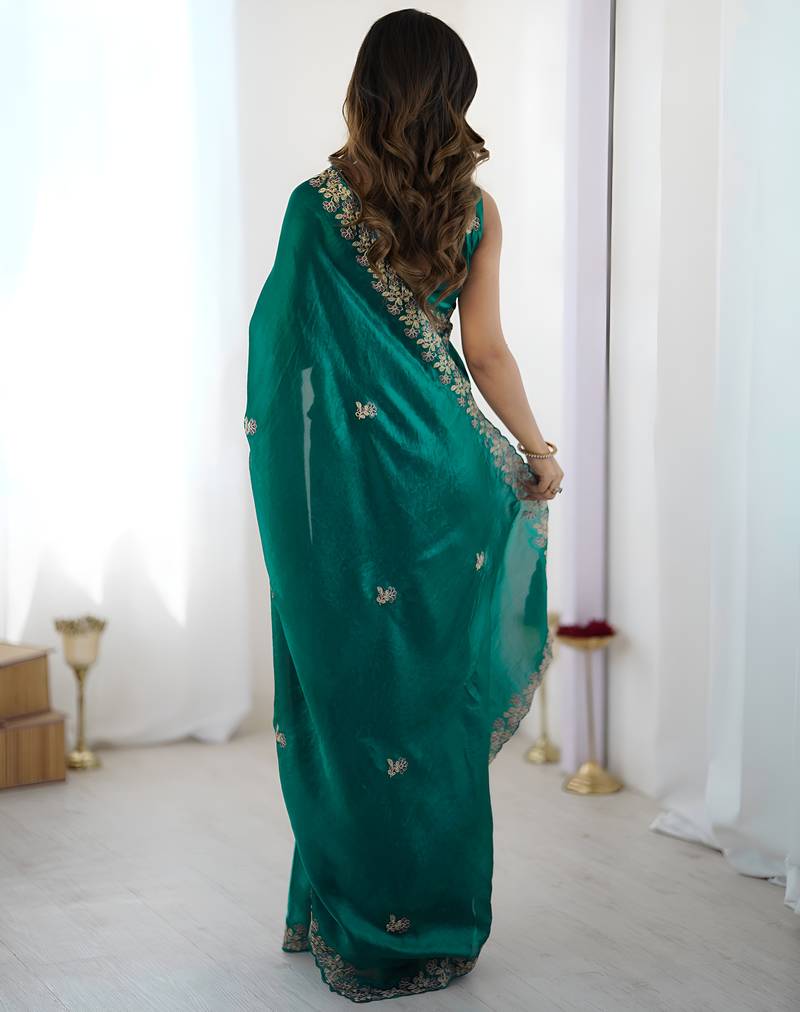 fendy satin rama sequance thread codding embroidery work saree