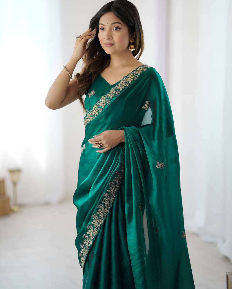 fendy satin rama sequance thread codding embroidery work saree