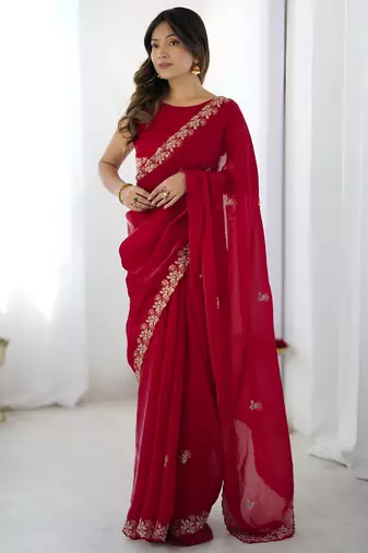 fendy satin red sequance thread codding embroidery work saree