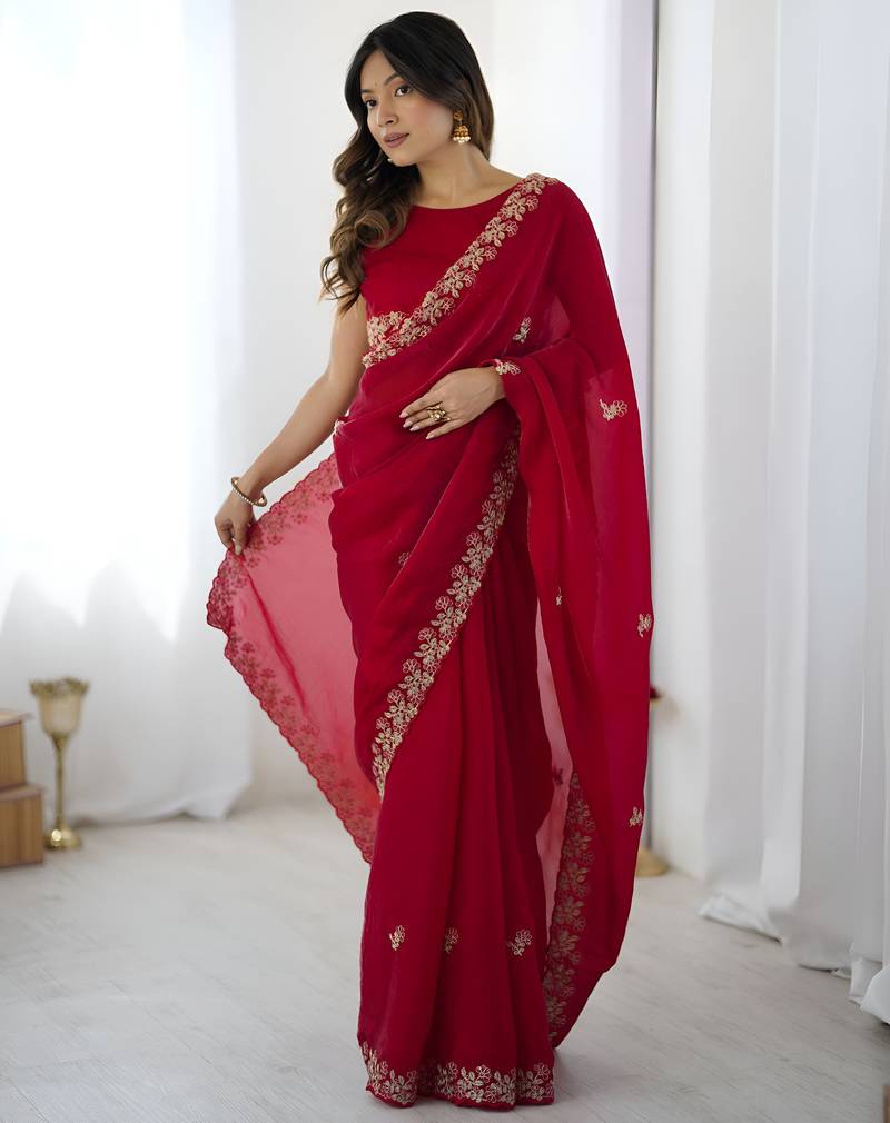 fendy satin red sequance thread codding embroidery work saree