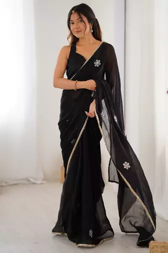 fendy black designer beads moti val sequance work saree