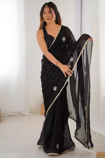 fendy black designer beads moti val sequance work saree