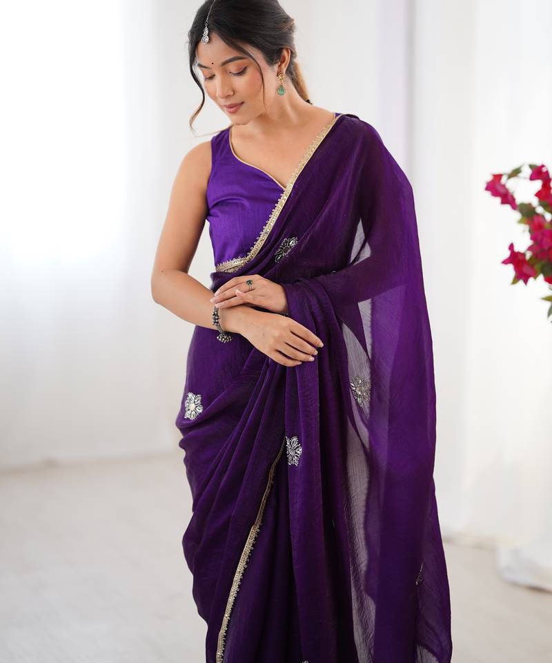 fendy purple designer beads moti val sequance work saree