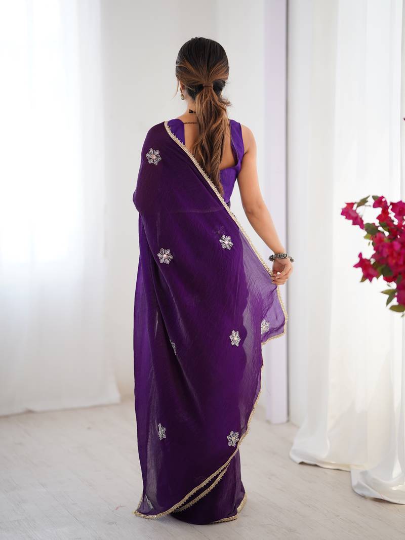 fendy purple designer beads moti val sequance work saree