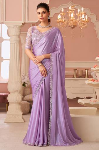 lightpink designer silk blend embroidery sequence work saree with unstitched blouse piece 