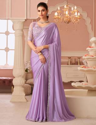 lightpink designer silk blend embroidery sequence work saree with unstitched blouse piece  2