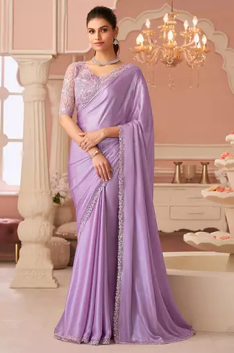 lightpink designer silk blend embroidery sequence work saree with unstitched blouse piece 