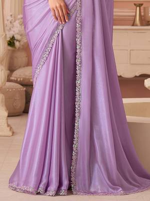 lightpink designer silk blend embroidery sequence work saree with unstitched blouse piece  3