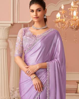 lightpink designer silk blend embroidery sequence work saree with unstitched blouse piece  4