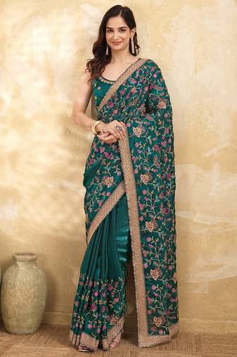 morpeach satin floral embroidery with zarkan work  saree with unstitched blouse piece for women