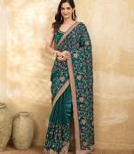 morpeach satin floral embroidery with zarkan work  saree with unstitched blouse piece for women
