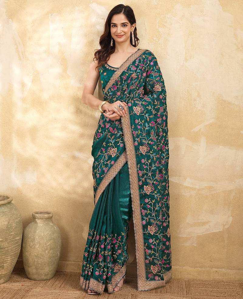morpeach satin floral embroidery with zarkan work  saree with unstitched blouse piece for women