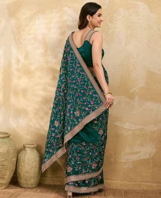 morpeach satin floral embroidery with zarkan work  saree with unstitched blouse piece for women 3
