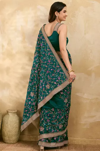 morpeach satin floral embroidery with zarkan work  saree with unstitched blouse piece for women