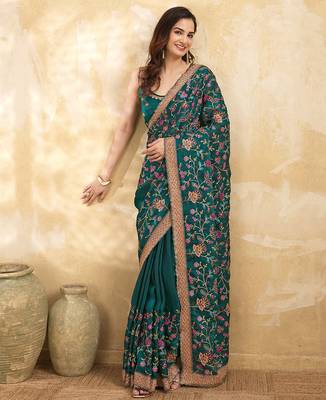 morpeach satin floral embroidery with zarkan work  saree with unstitched blouse piece for women 4