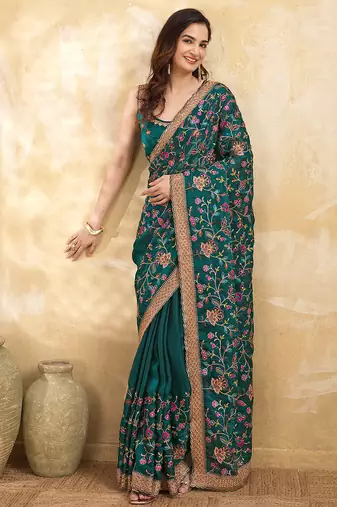 morpeach satin floral embroidery with zarkan work  saree with unstitched blouse piece for women