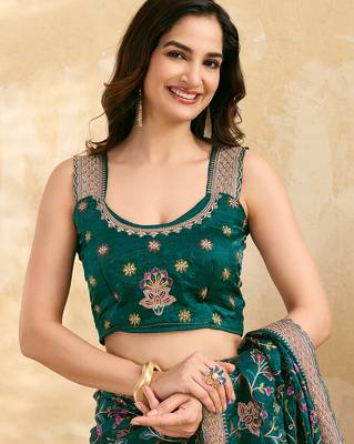 morpeach satin floral embroidery with zarkan work  saree with unstitched blouse piece for women 5