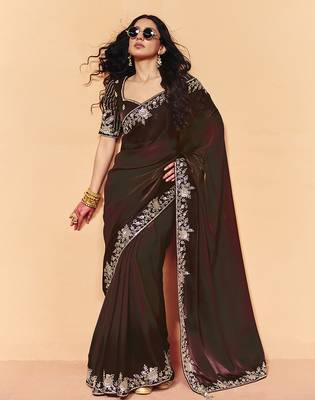 Brown satin sequence embroidery work saree with unstitched blouse piece 1