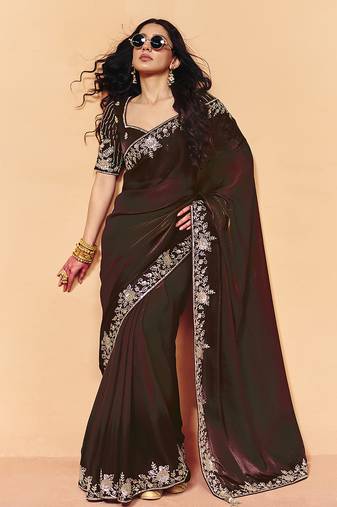 Brown satin sequence embroidery work saree with unstitched blouse piece