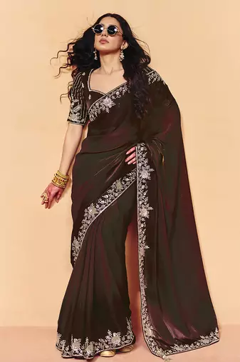 Brown satin sequence embroidery work saree with unstitched blouse piece