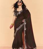 Brown satin sequence embroidery work saree with unstitched blouse piece