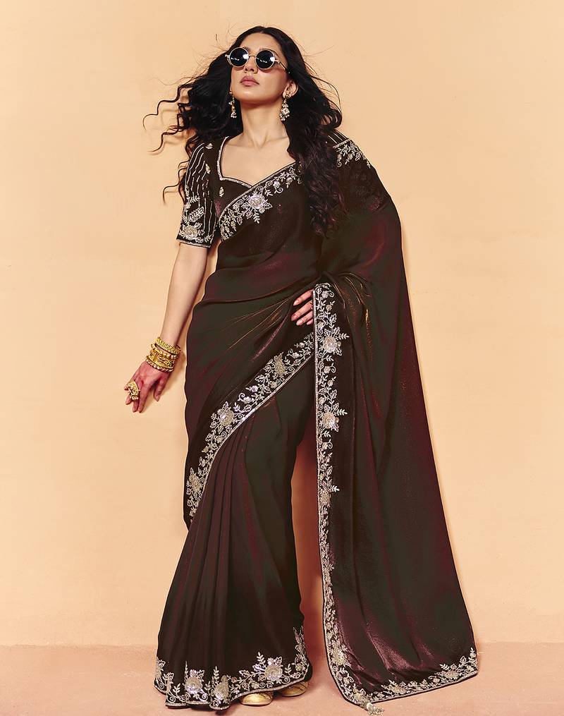 Brown satin sequence embroidery work saree with unstitched blouse piece
