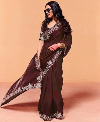 Brown satin sequence embroidery work saree with unstitched blouse piece 3