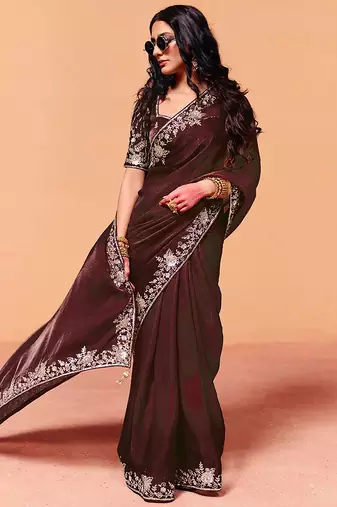 Brown satin sequence embroidery work saree with unstitched blouse piece