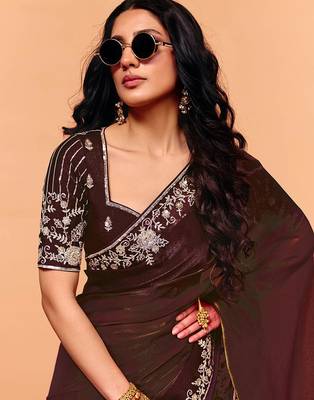 Brown satin sequence embroidery work saree with unstitched blouse piece 4