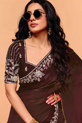 Brown satin sequence embroidery work saree with unstitched blouse piece