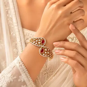 Ruby Red Kundan Open Cuff Bracelet, Gold Tone Bridal Kada, Indian Wedding Jewelry 1