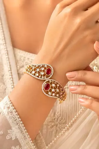 Ruby Red Kundan Open Cuff Bracelet, Gold Tone Bridal Kada, Indian Wedding Jewelry