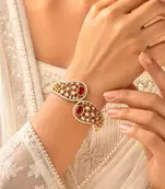Ruby Red Kundan Open Cuff Bracelet, Gold Tone Bridal Kada, Indian Wedding Jewelry